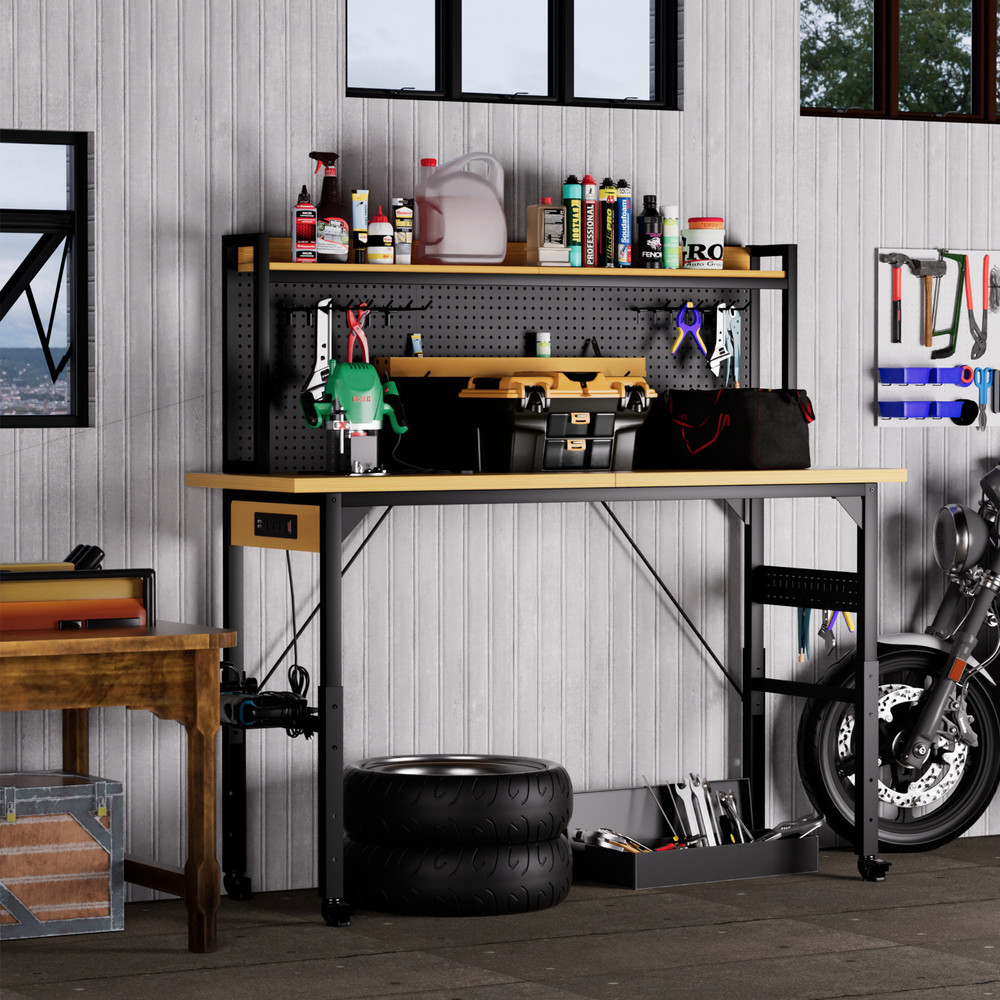 71''Adjustable Workbench with pegboard, Heavy Duty Wooden Desktop Workbench