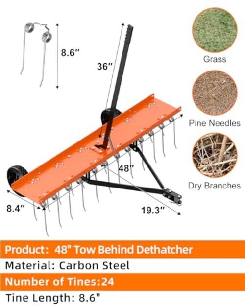 48" Tow Behind Dethatcher, Pull Behind Lawn Dethatcher with 24 Rust Orange-48IN