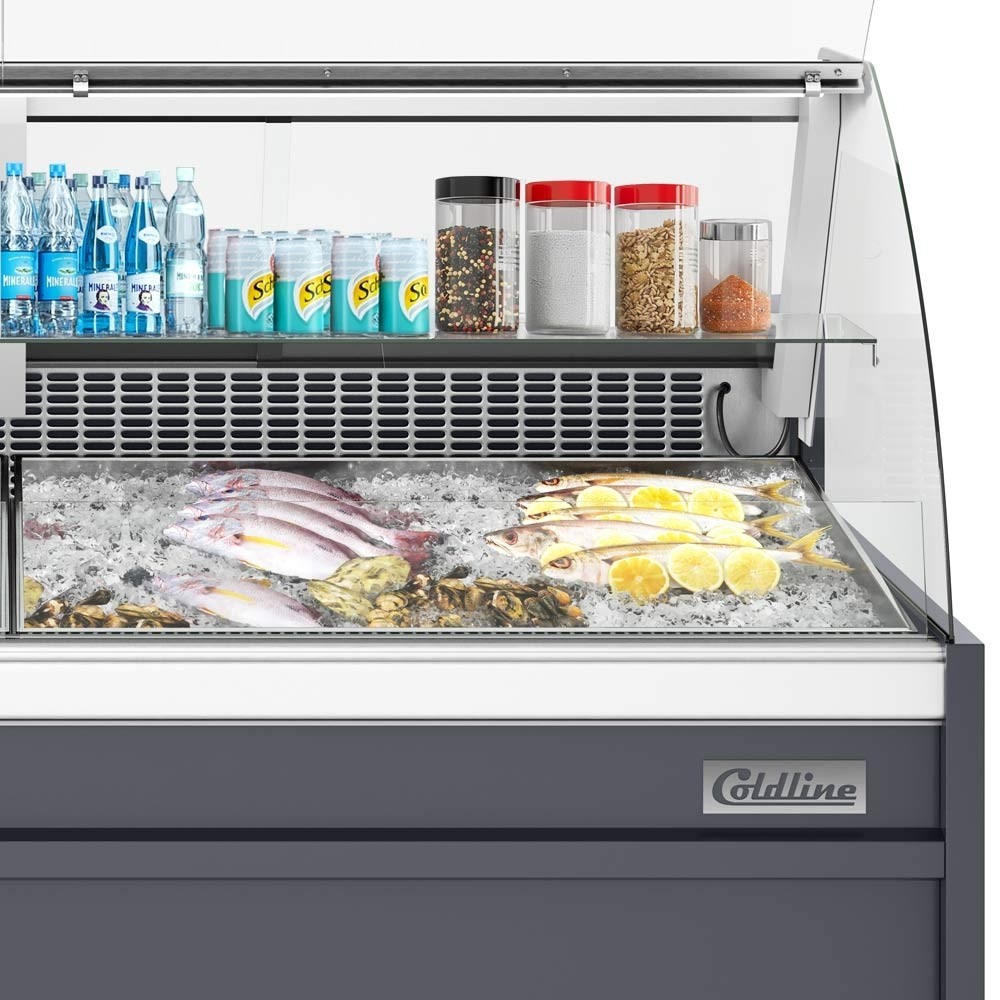72" Curved glass fish case with refrigerated storage underneath