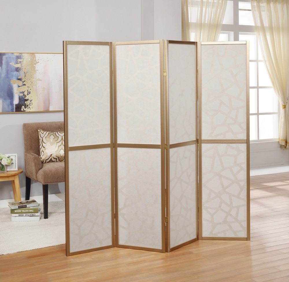 4-Panel Gold Room Divider Screen, Modern Geometric Folding Privacy Screen