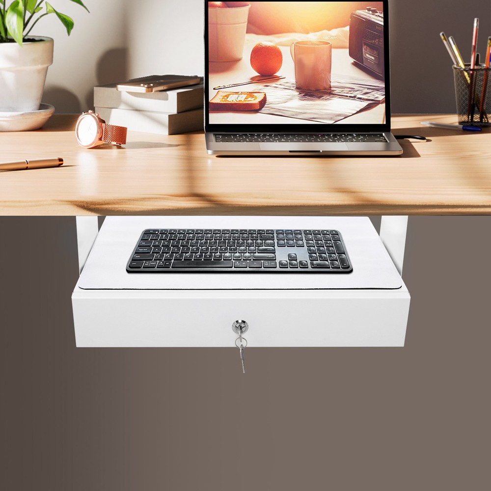 Under Table Sliding Drawer Pull Out Storage Box White Metal Desk Organizer