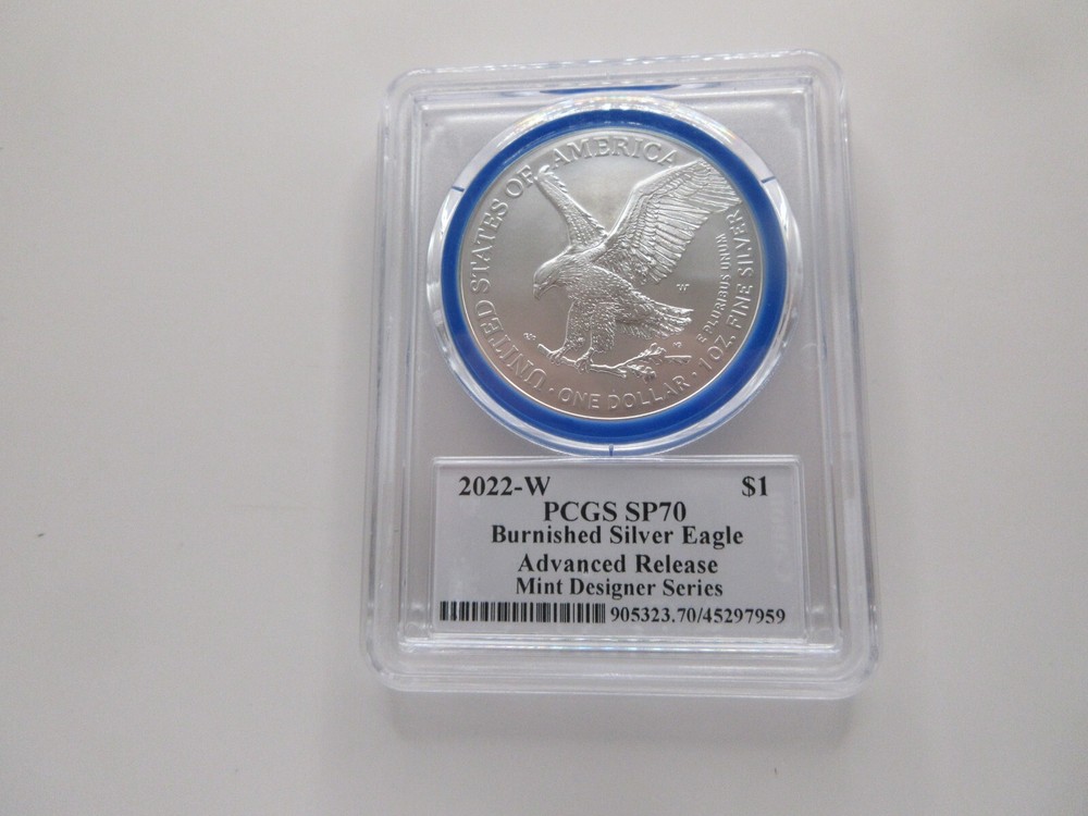 2022-W Burnished Silver Eagle Advanced Release; Mint Designer Damstra PCGS SP70
