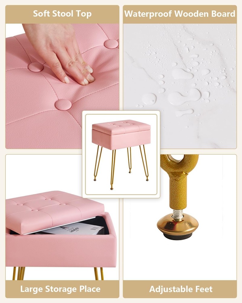 Multifunctional Storage Vanity Stool W/ Flip Tabletop Adjustable Metal Legs & PU