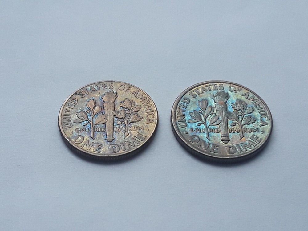 1966 P & 2000 P ROSSAVELT DIME TONING ON BOTH SIDES