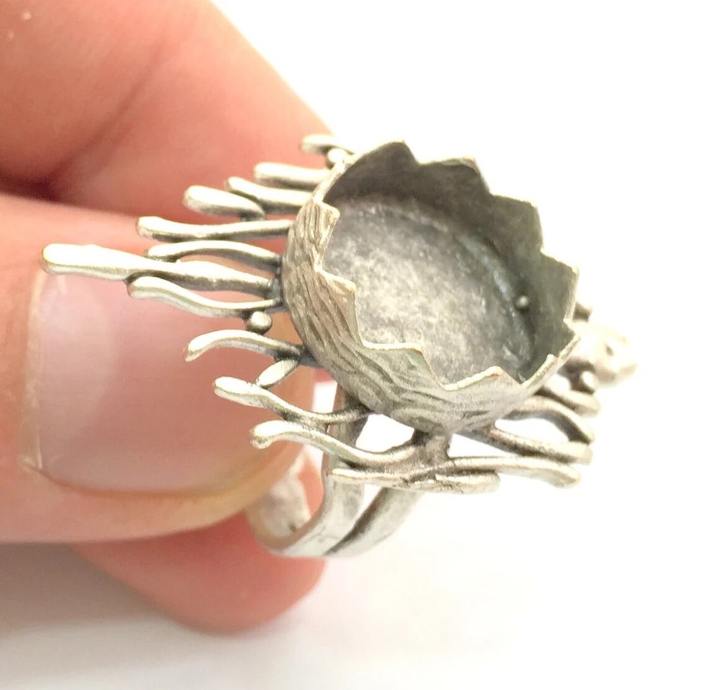 Round Blank Ring Bezel Setting Adjustable Base Antique Silver Plated Brass