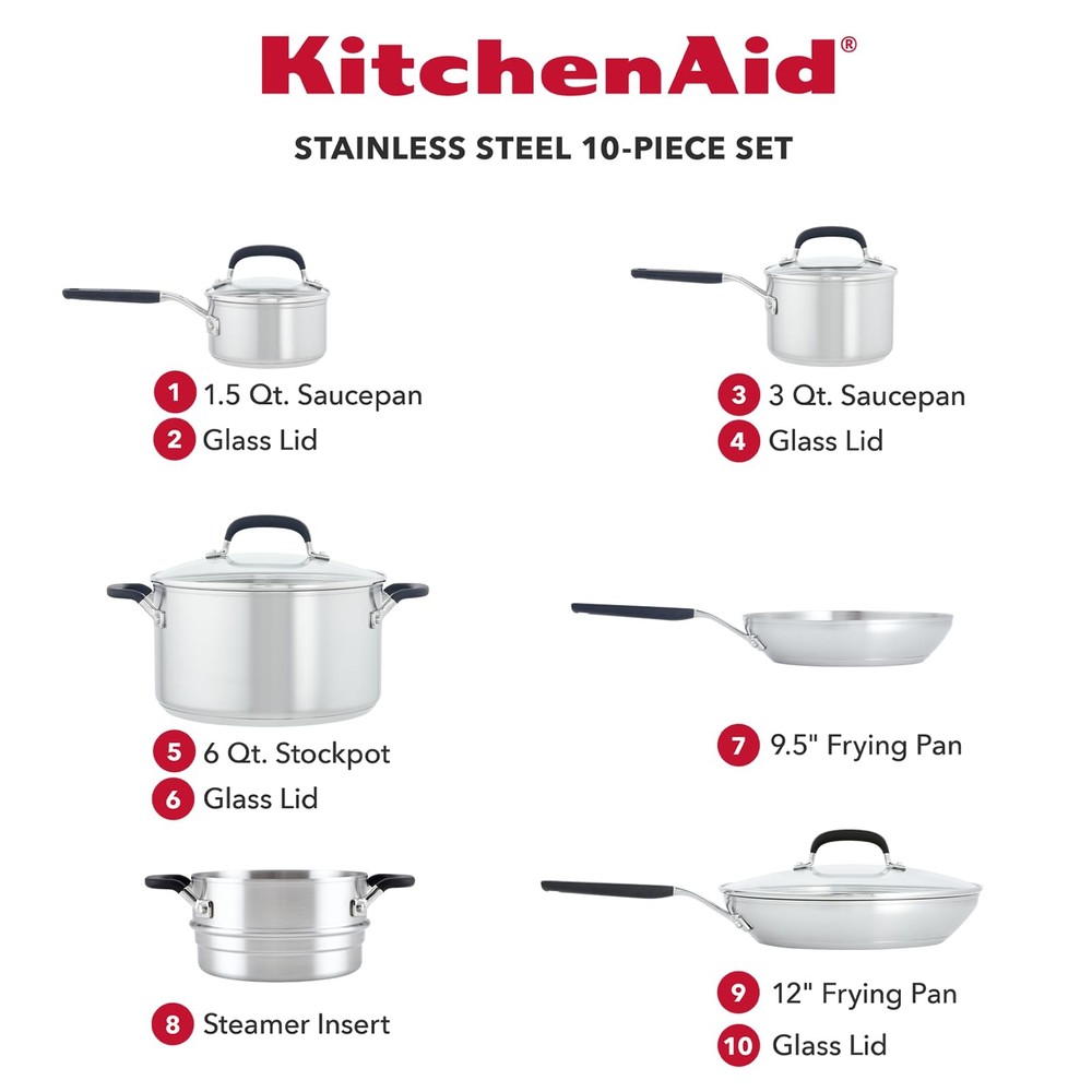 KitchenAid Brushed Stainless Steel Cookware Set 10 Piece