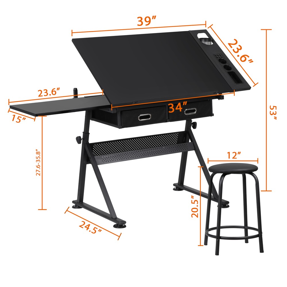 Drafting Table Art Desk Drawing Table Height Adjustable w/2 Drawers &Stool Black