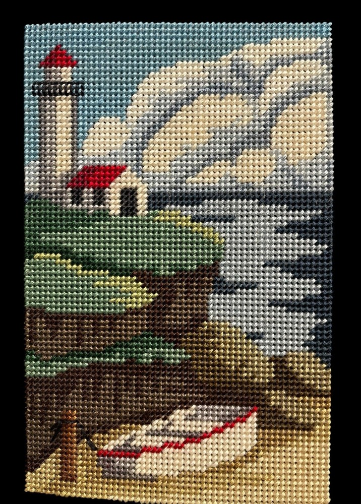 VTG Needlepoint Plastic Canvas Lighthouse Boat Completed Handmade