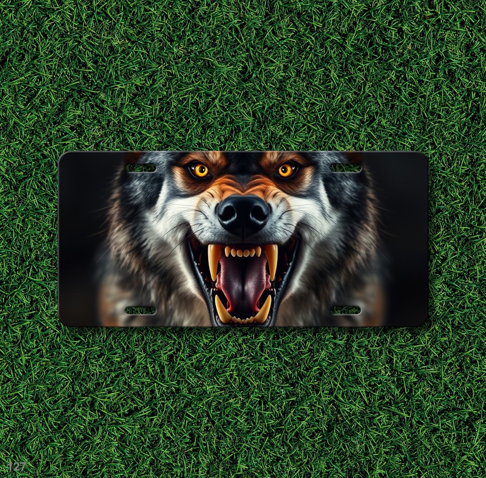 Intense Wolf License Plate with Fangs Personalized Auto Tag Gift Idea