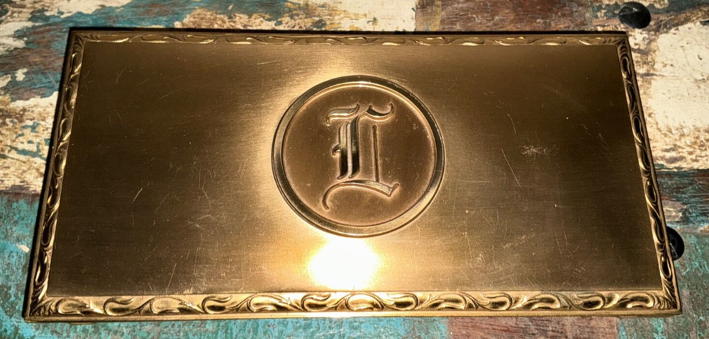 MCM Brass Hyde Park cork lined 8” box attached lid 2 sections 1950s monogram I