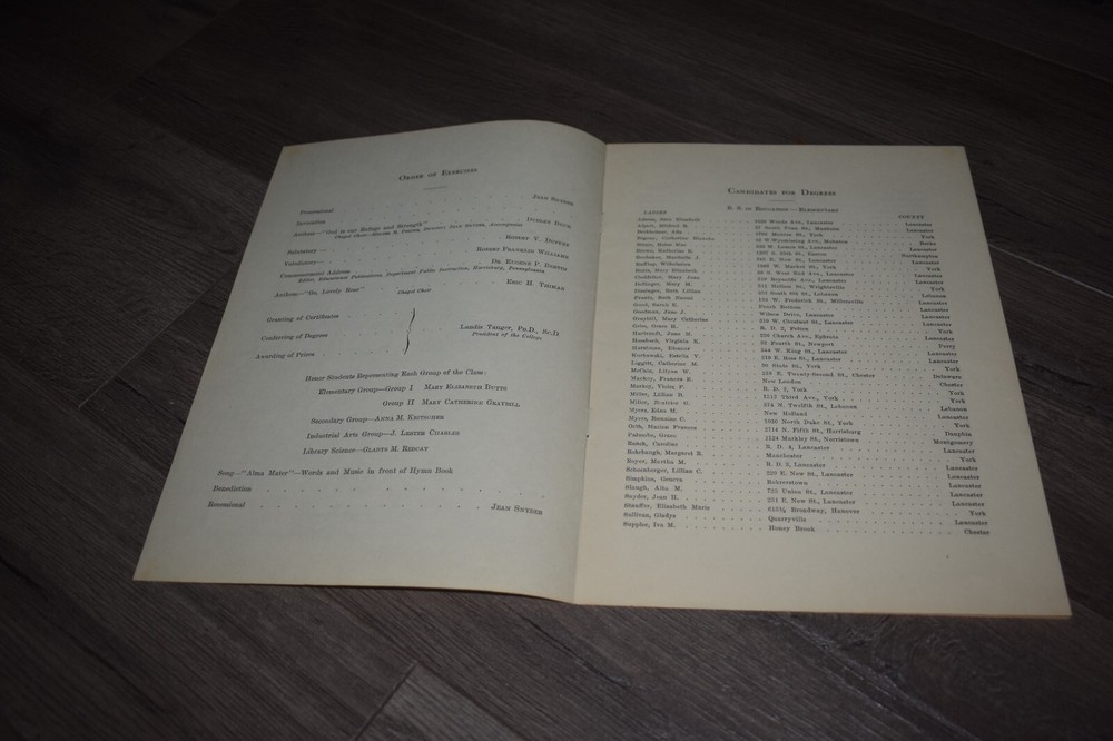 1938 State Teachers College Millersville PA commencement program
