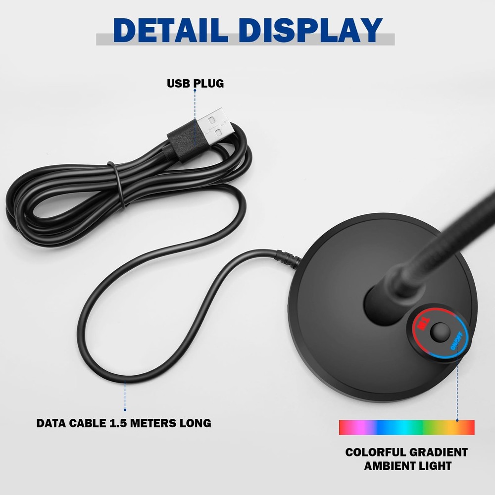 USB Computer Microphone RGB Breathing Light 1.5m Cable Plug Play Desktop