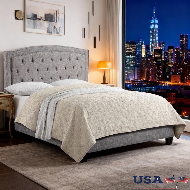 Linen Upholstered Platform Bed Frame W/ Padded Headboard Solid Wood Support New