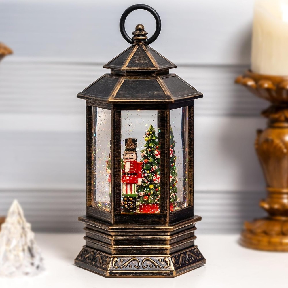 Musical Christmas Snow Globe Lantern Lighted Nutcracker Tree Glitter Decor