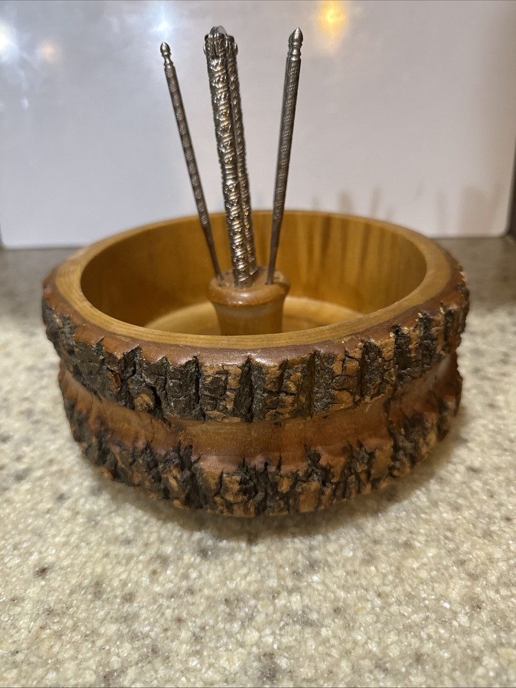 Vintage Rustic Ware Nut Cracker Bowl, Tree Bark, With 3 Picks And Nut Cracker