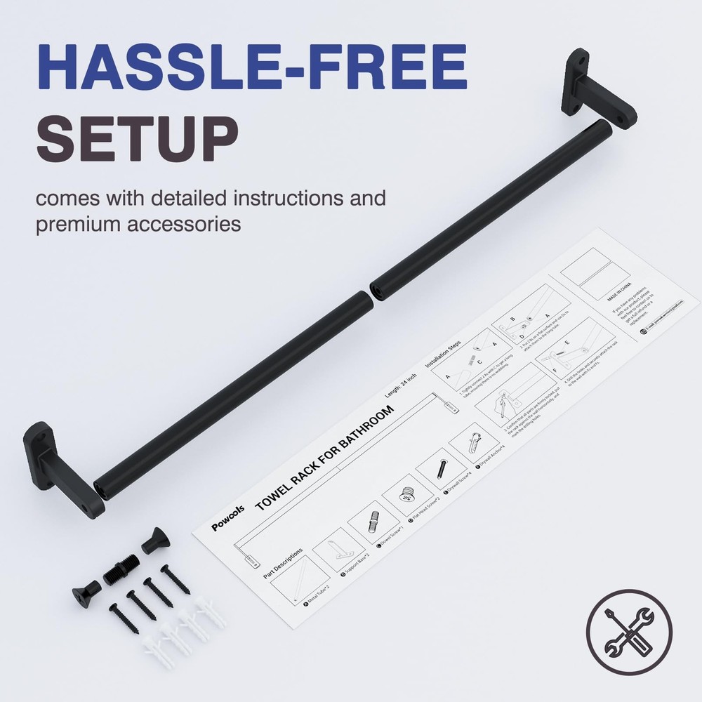 Powools Matte Black Towel Rack for Bathroom - 24" - 1 Pack,