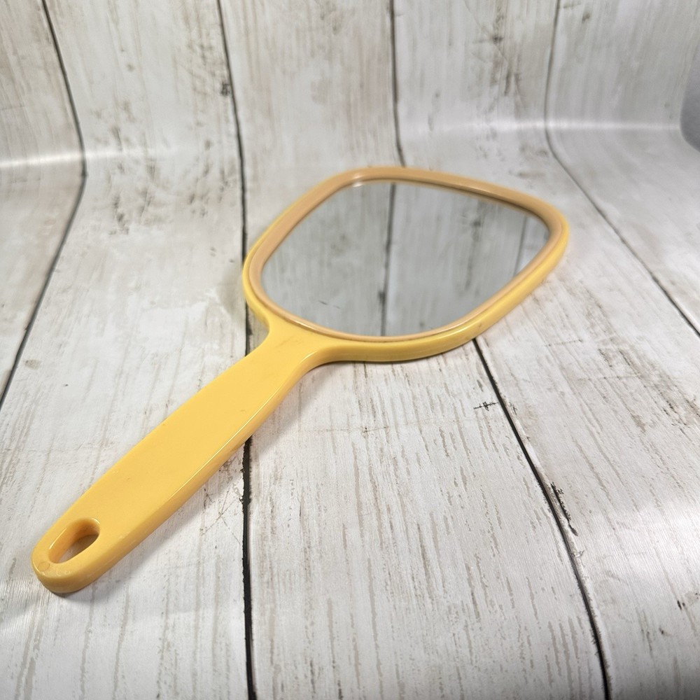 Beige  Hand Mirror Plastic 11” Rectangular Textured Back Vintage Hong Kong