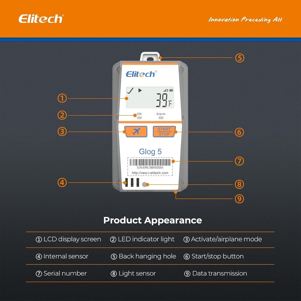 Elitech Temperature Data Logger 4G Single-Use 32000 Point PDF/CSV Report Glog 5T