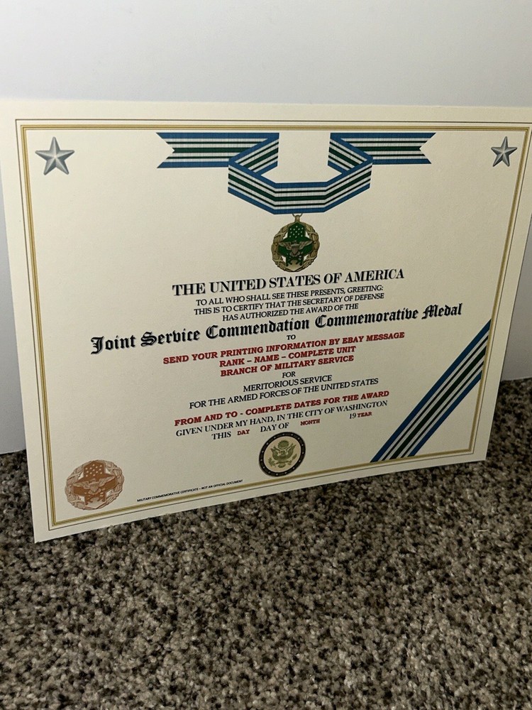 JOINT SERVICE COMMENDATION MEDAL COMMEMORATIVE CERTIFICATE ~TYPE-2 w/PRINTING
