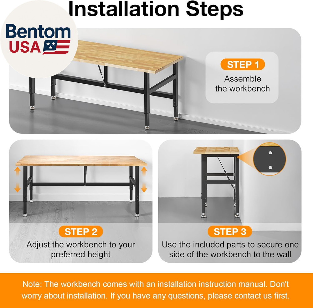 72” Folding Workbench, 3000 LBS Capacity Heavy Duty Workbench, Height Adjustable
