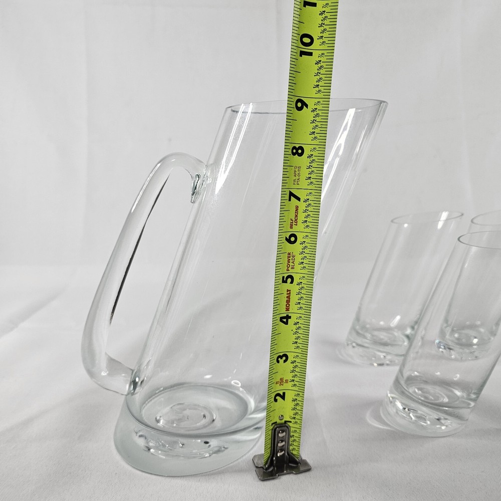 Clear Glass Tilted 9" Pitcher And 3 5.25" Glasses Please Read Description