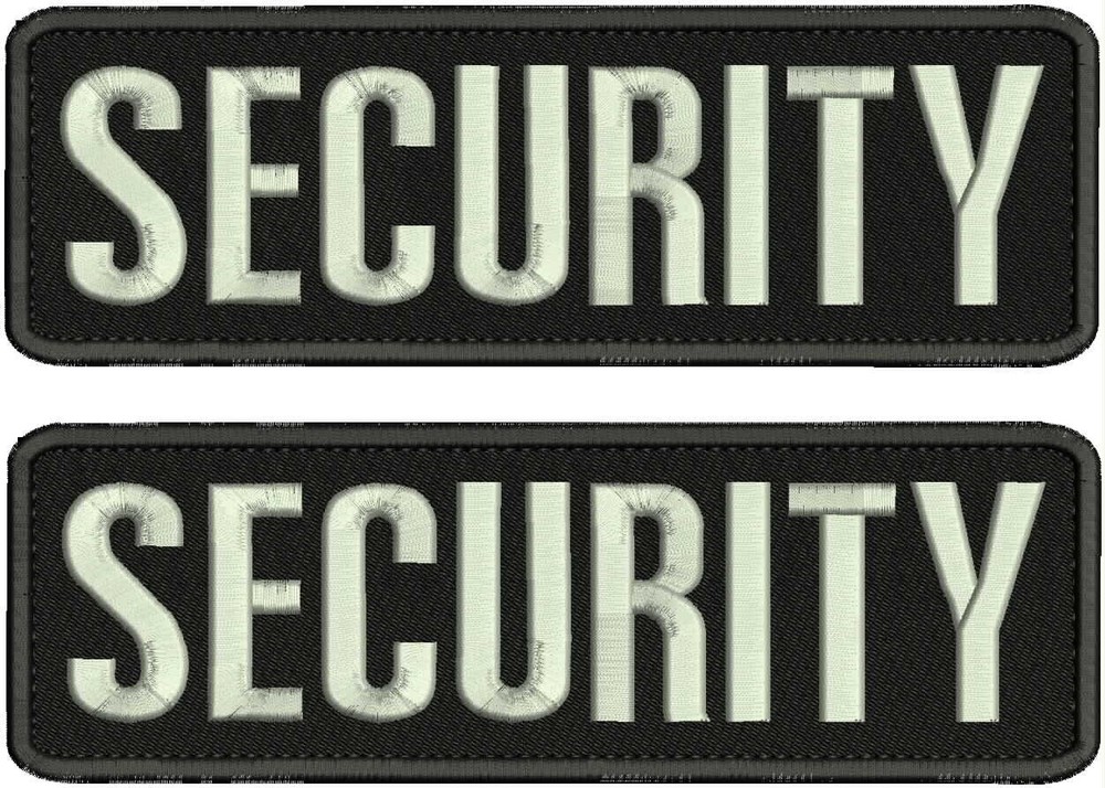 SECURITY 2 embroidery patches 3''x10'' hook on back SILVER ON BLACK