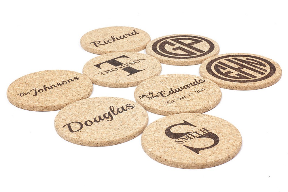 2 Personalized Drink Coasters, Engraved Natural Cork Coasters, Customized Gift