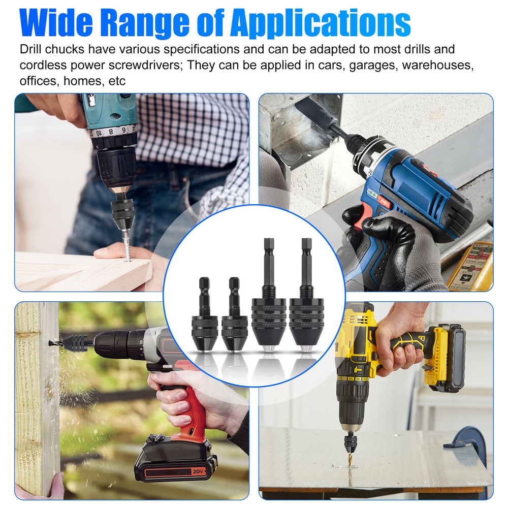 4x Keyless Chuck Conversion 1/4" Hex Shank Adapter Drill Bit Quick Change Driver