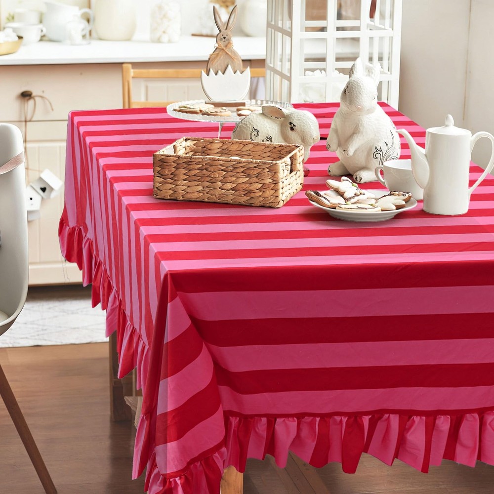 Ruffle Tablecloth Table Cloth Boho Pink Red Striped Rectangle Decorative Tabl...