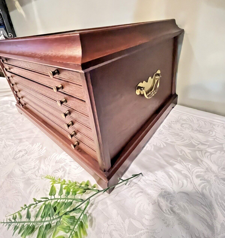 Mahogany Solid Wood Tabletop Chest 6 Drawers Velvet Green Lined Brass Knobs