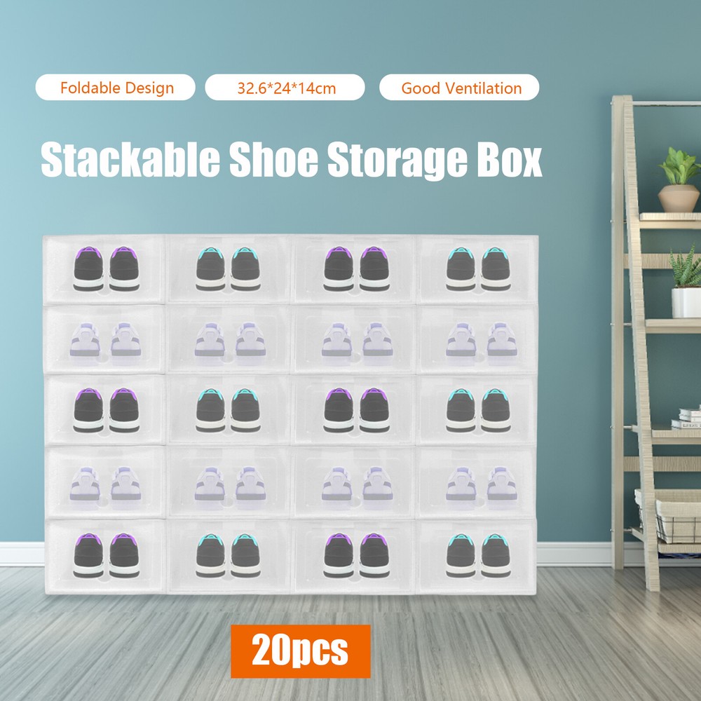 20pcs Shoe Storage Box Stackable Durable Plastic Sneaker Display Case Organizer