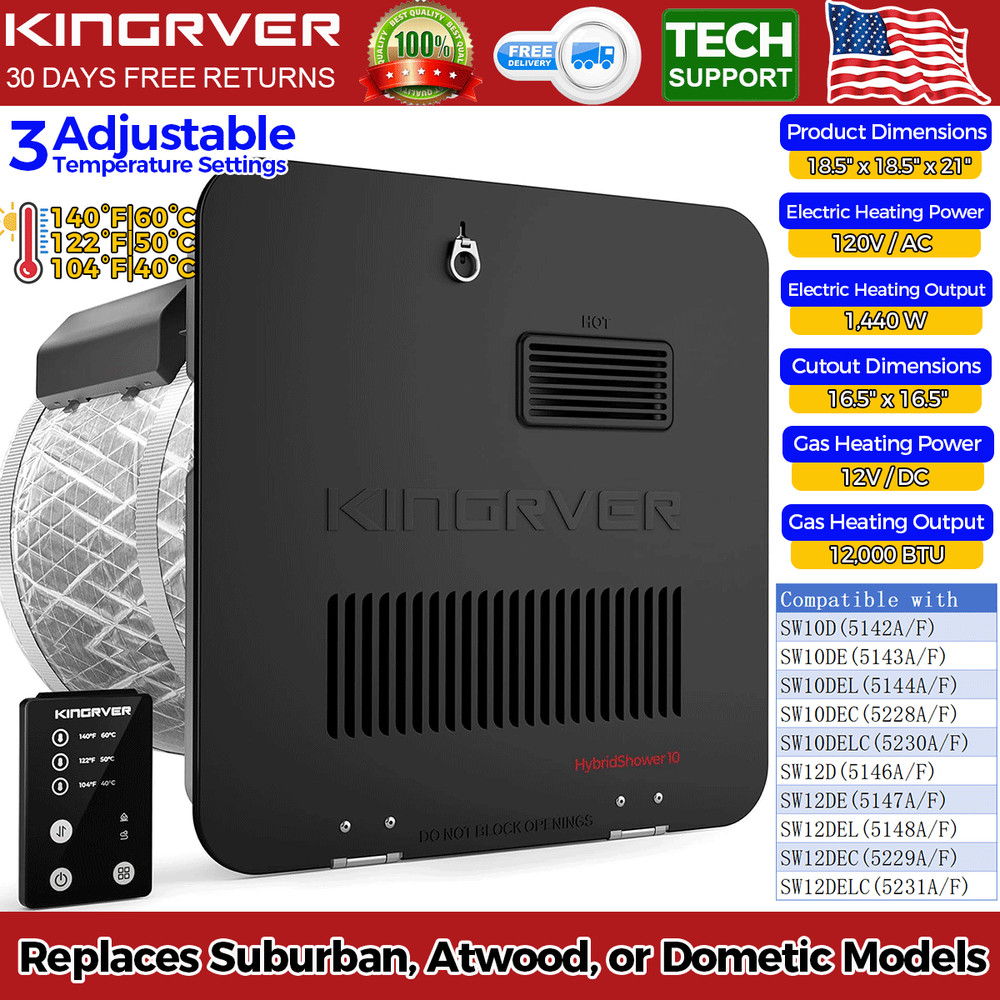 10 Gallon RV Tank Water Heater Electric 1440W Propane 12,000 BTU w/ Door+Remote