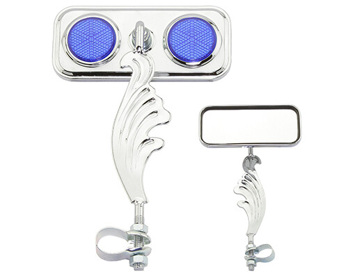ONE Bike Rectangle Wing Mirror Chrome Left Blue Reflectors.