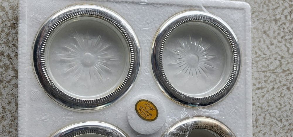 Vintage Leonard Silverplate Crystal Coasters (4)