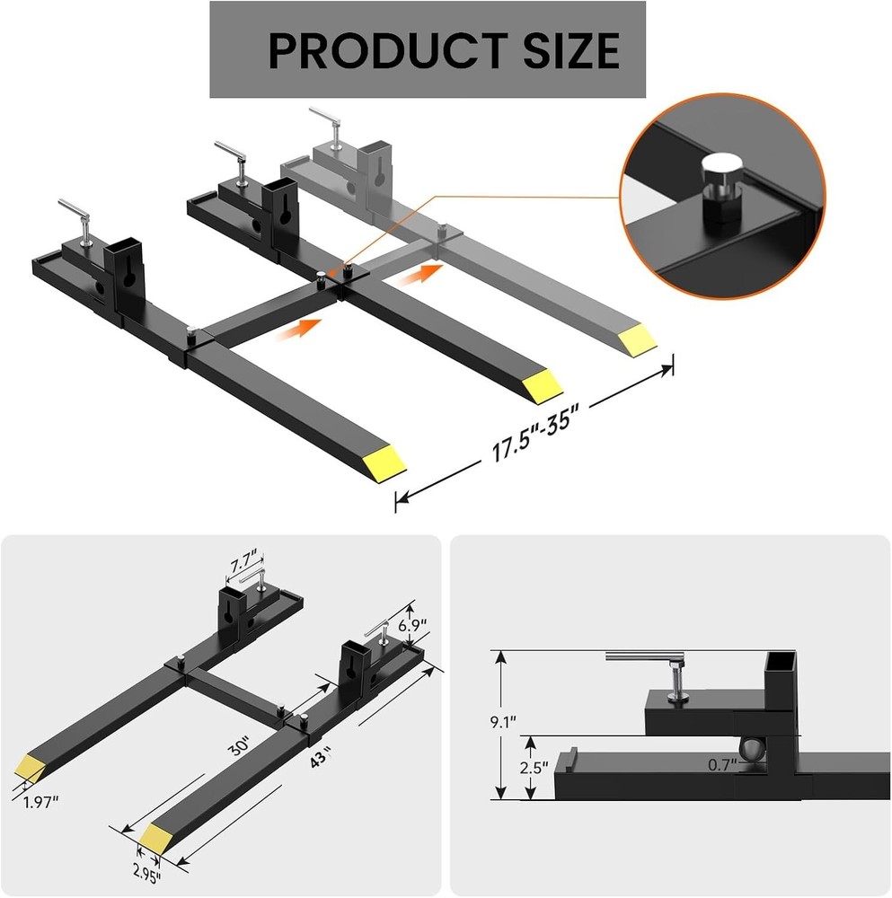 2000lbs Clamp on Pallet Forks 43" Fork Rack with Adjustable Stabilizer Bar