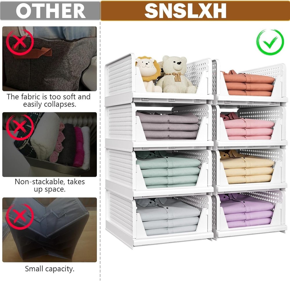 5 Pack Stackable Closet Storage Basket, Multifunctional & Foldable Closet Organi