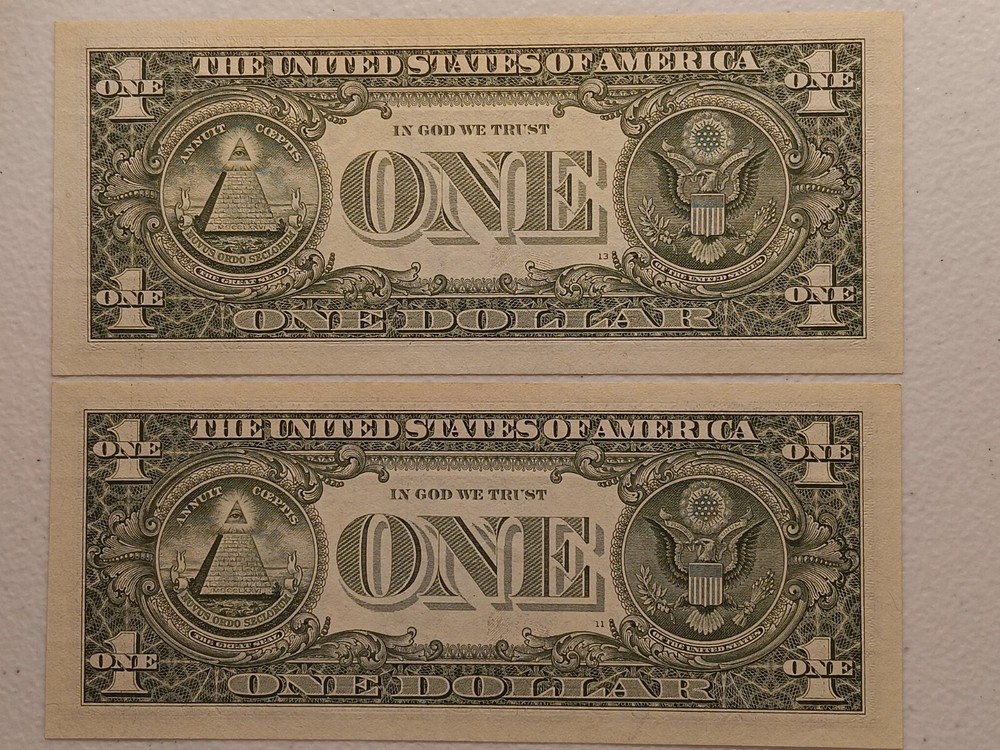 2-Errors Consecutive 1999 $1 Green Seal Federal Reserve Notes- Offset Error