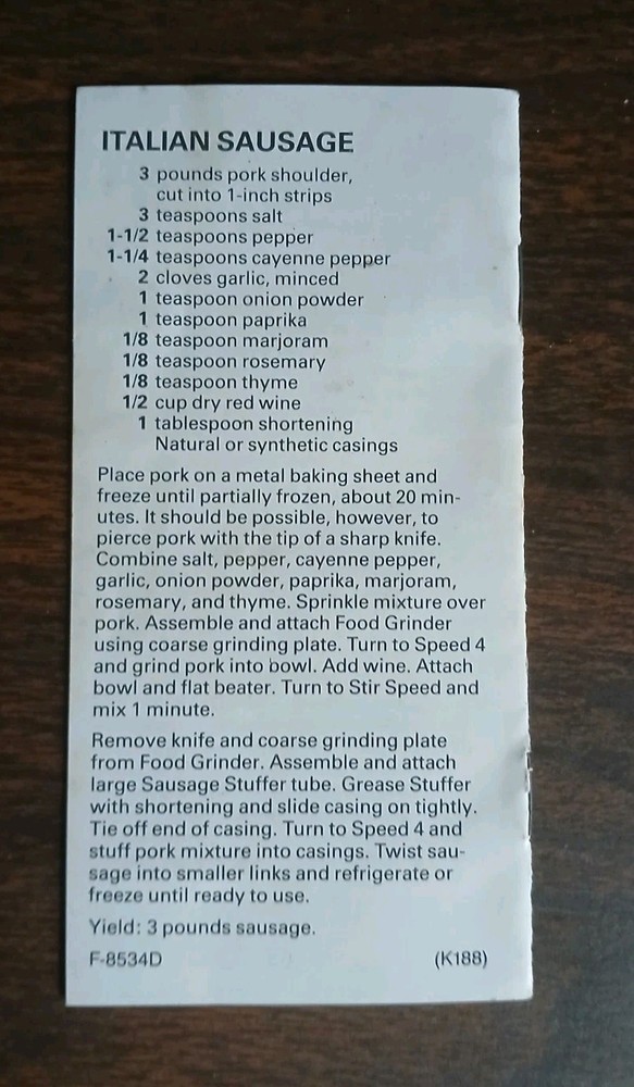 KitchenAid Sausage Stuffer Model SSA Replacement Recipe & Instruction Book