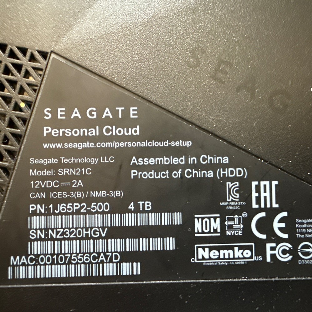 Seagate Personal Cloud 4TB Model: SRN21C + Power Supply - WORKING