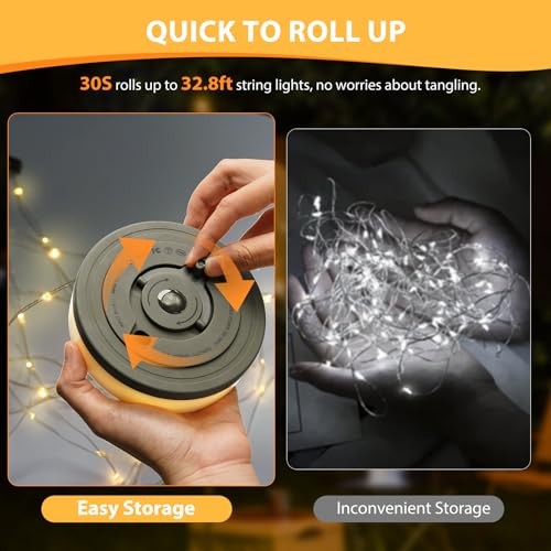 2Pack Camping String Lights, 4 in 1 Quick Storage 32.8FT 2PACK Warm & RGB
