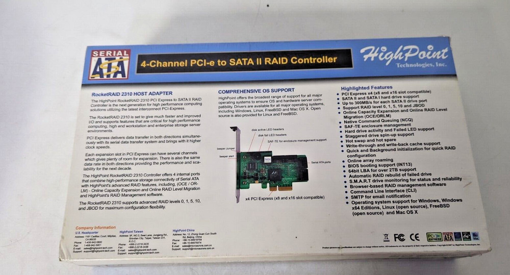 HighPoint RocketRAID Model 2310 4 channel PCI-e to SATA II Raid Controller Card