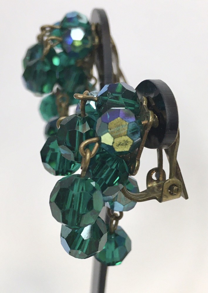 Dark Green AB Cluster Dangle Earrings Clip On Style Luster Sparkle