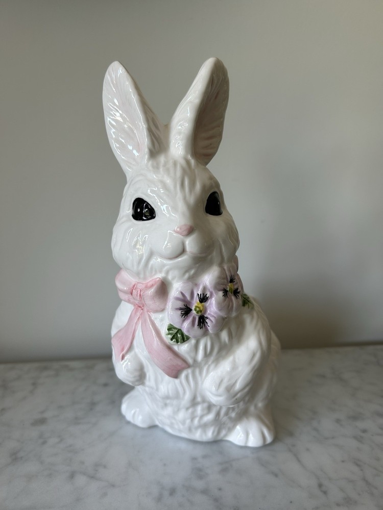 Ceramic Rabbit Planter White with Pink Bow & Purple Floral Design Easter