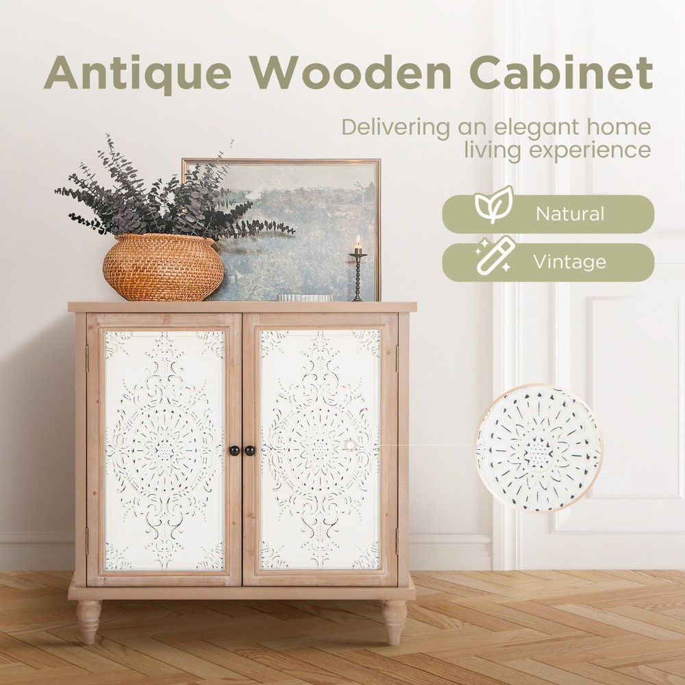 Accent Cabinet with 2 Doors Distressed Storage Cabinet with Carved Pattern Brown