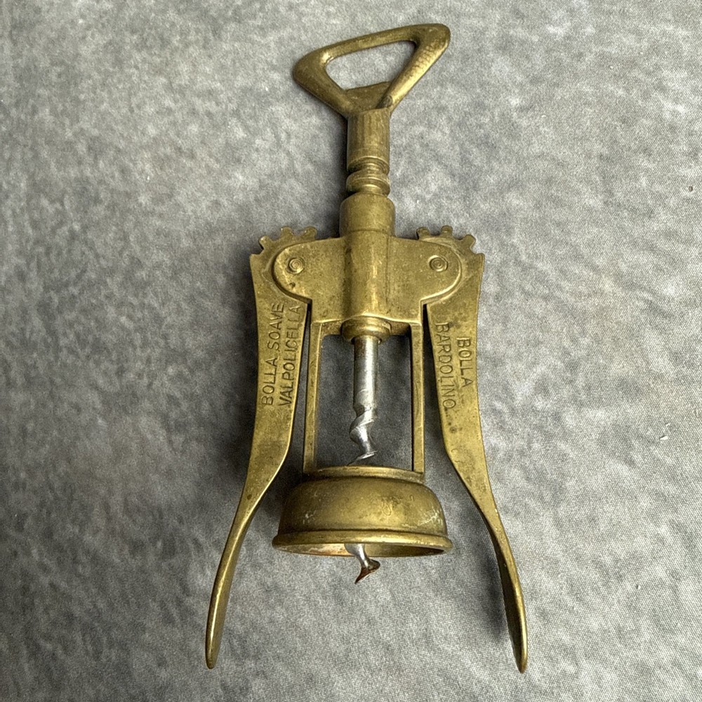 ITALIAN Solid Brass Winged Corkscrew Wine Bottle Opener Bolla Soave Advertising