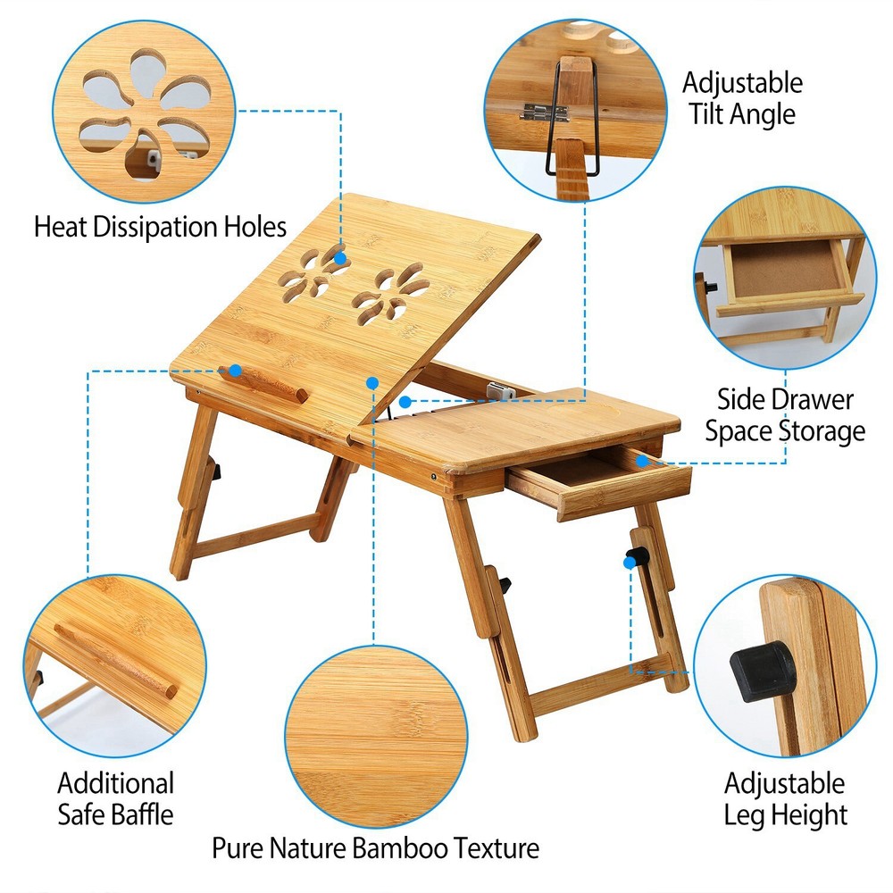 Bamboo Folding Laptop Computer Notebook Table Bed Desk Bed Tray Adjustable Stand