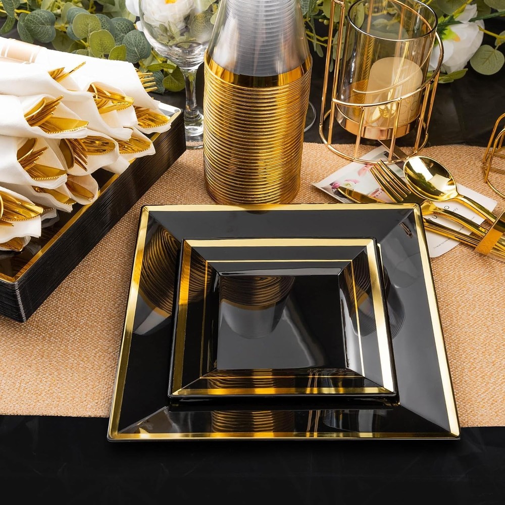 352 Piece Black Dinnerware Set for 50 Guests, Black Square Plastic Plat
