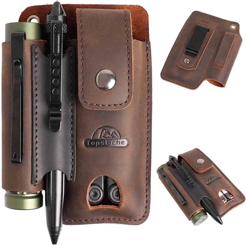 Leather multitool sheath with belt clip and compartments for EDC tools