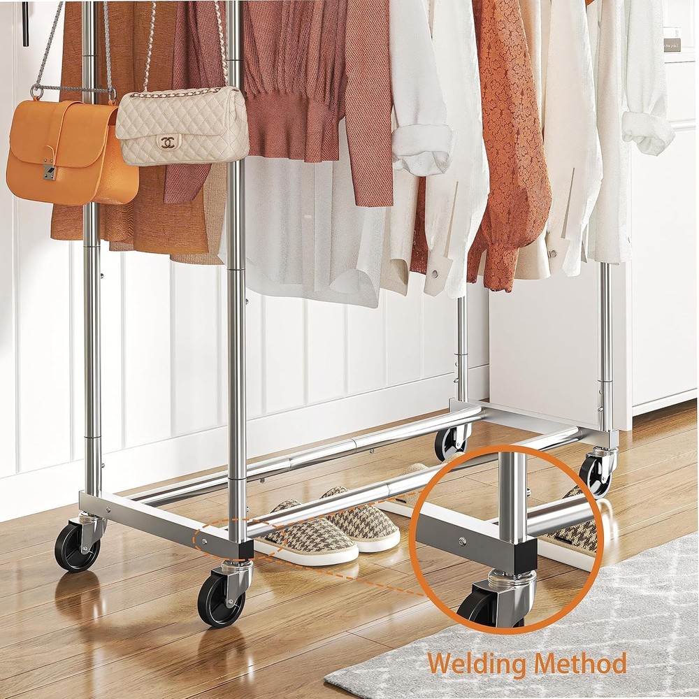 Double Rod Rolling Garment Rack Adjustable Clothes Hanging Organizer with Wheels
