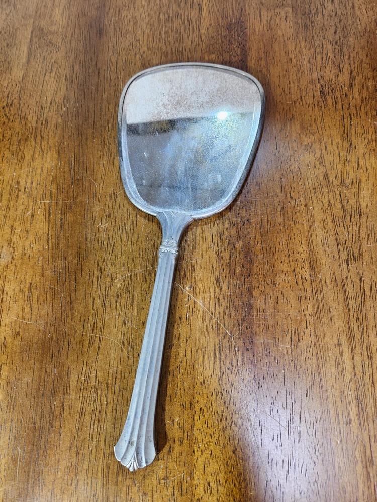 Vintage Hand Held Vanity Mirror Silver Flower Design 13”